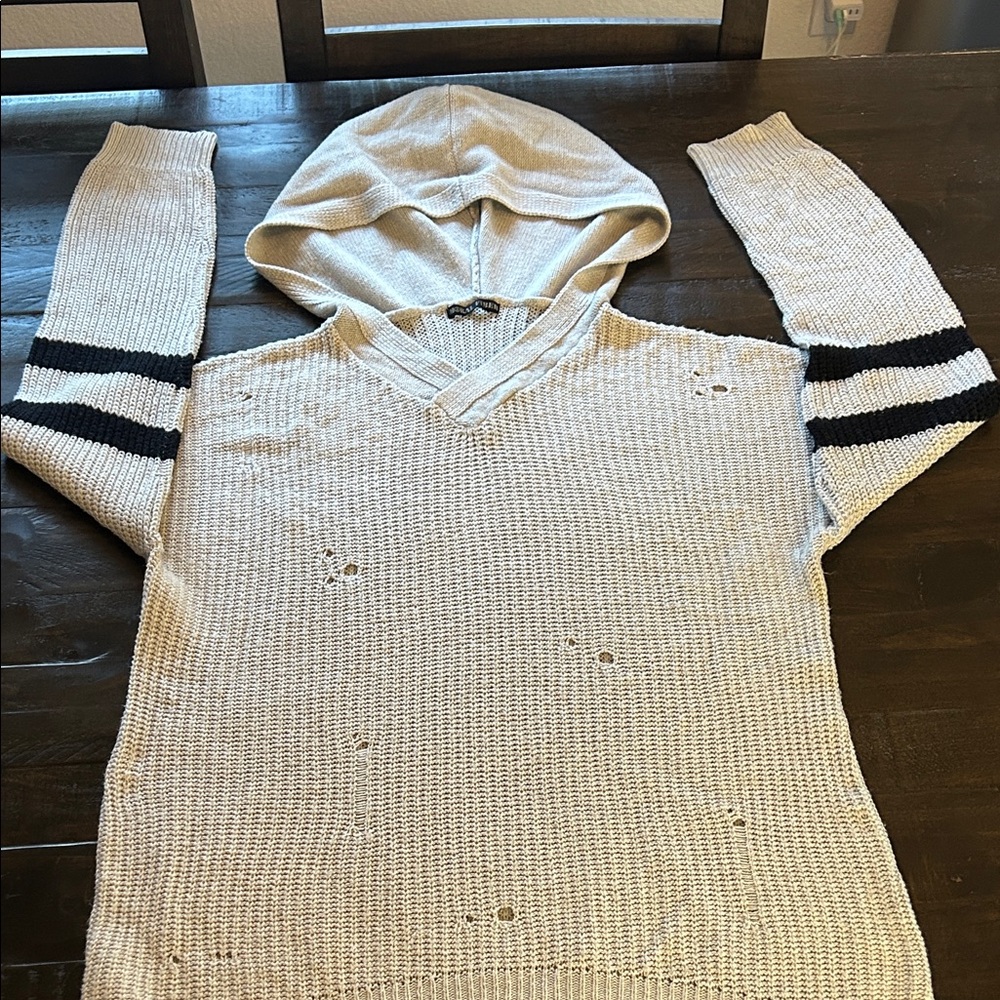 Men's Cream Hooded Sweater with Black Stripes